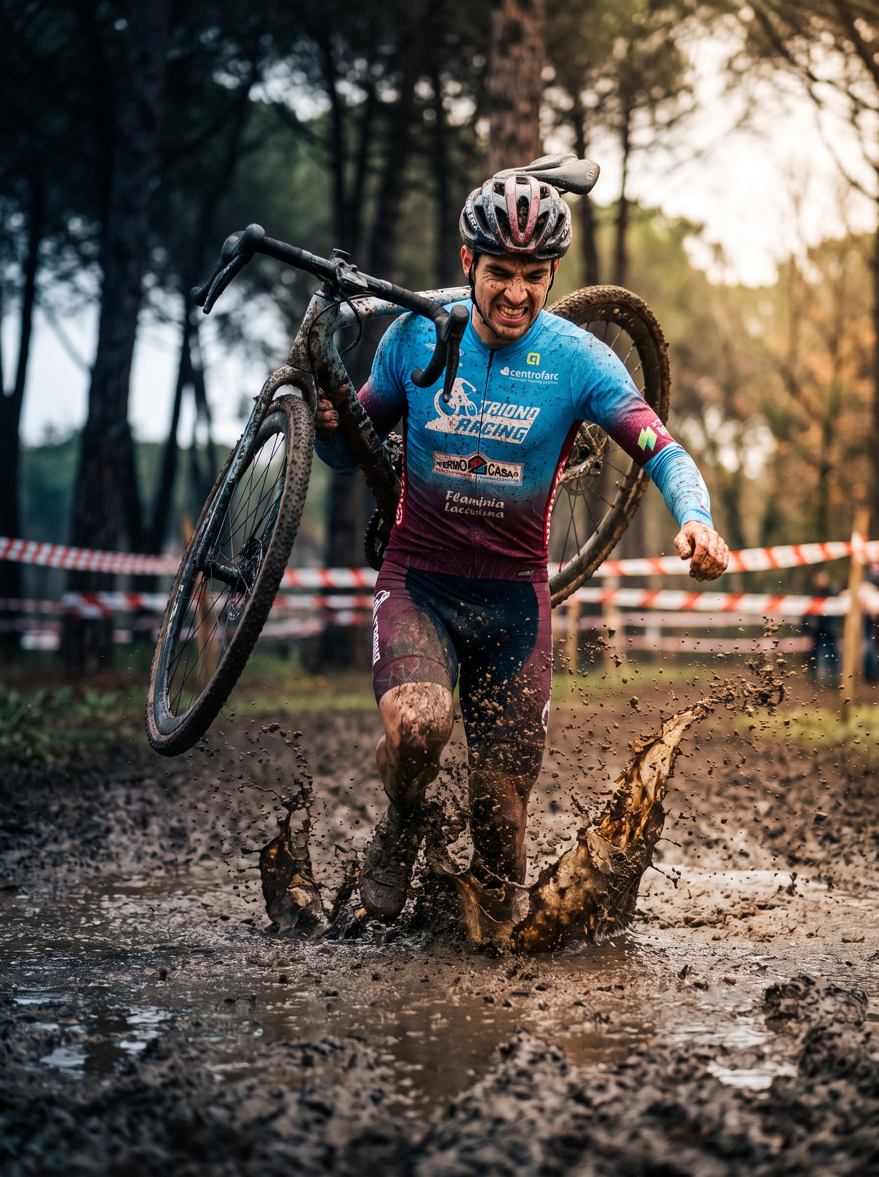 Atleta di ciclocross nel fango tra i pini